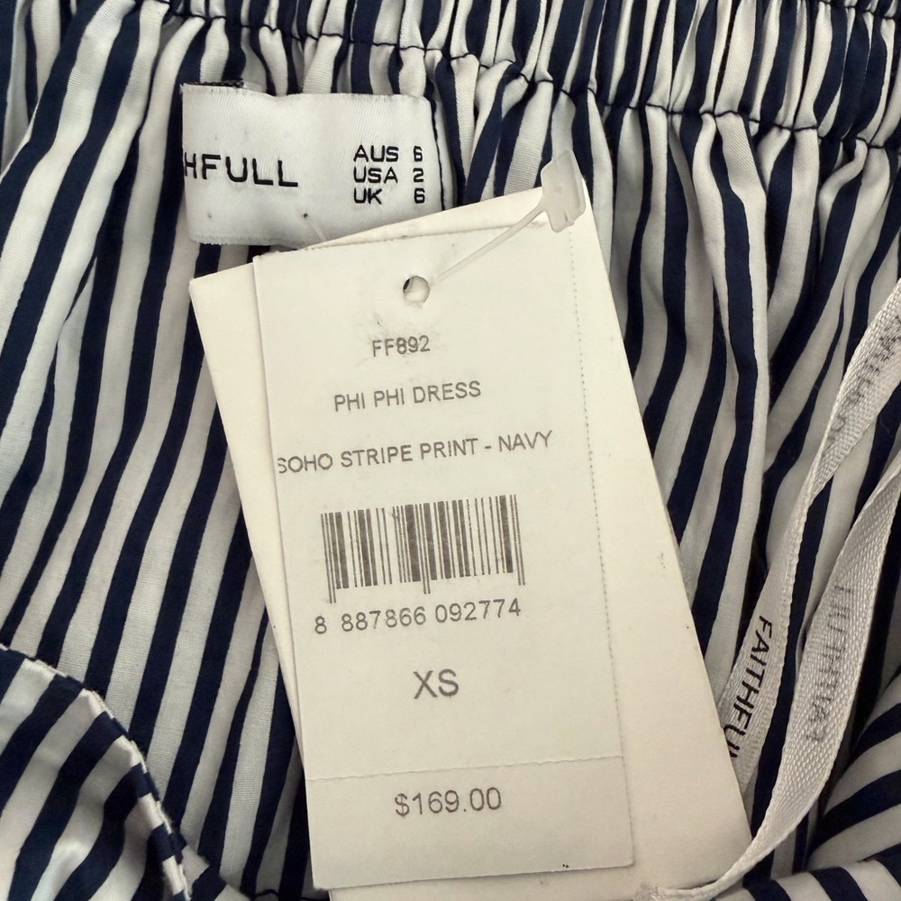 NWT! FAITHFULL THE BRAND Phi Phi Navy Soho Stripe Print Ruffle Mini Dress Size 2 - Picture 14 of 16
